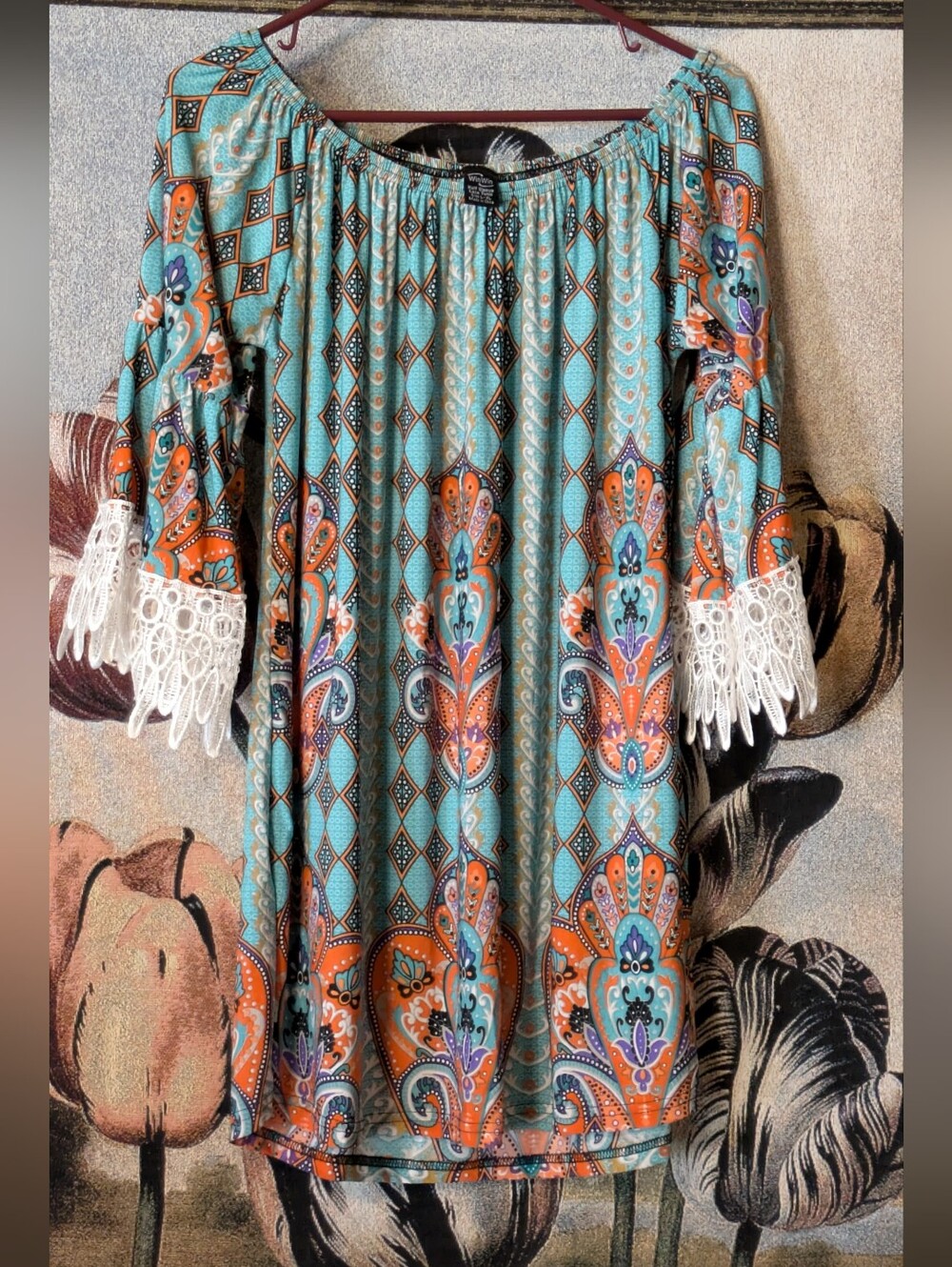 WinWin Turquoise & Orange Boho Off-Shoulder Tunic